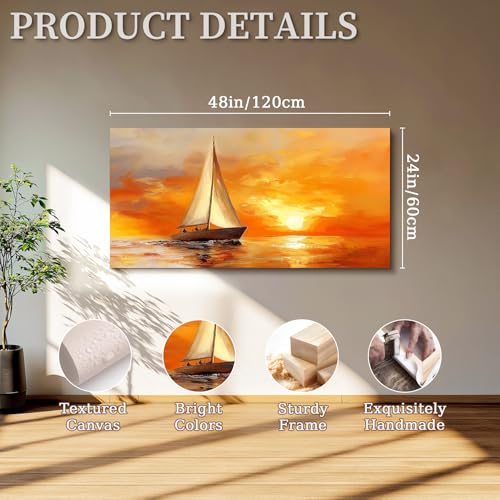 SERIMINO Sailboat Large Wall Art, Ocean Sunset Landscape Canvas Painting, Nature Nautical Scenery Art Prints, Orange Aesthetic Pictures Wall Decor Living Room Bedroom Bathroom Home Office 24"X48"