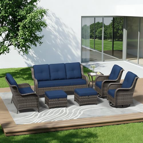 Image of 7 Piece Outdoor Wicker Patio Furniture Set, Outdoor Swivel Rocker Patio Chairs Set with Thickened Olefin Cushions, High Back and Deep Seating, Hand-Woven PE Rattan for Porch, Deck