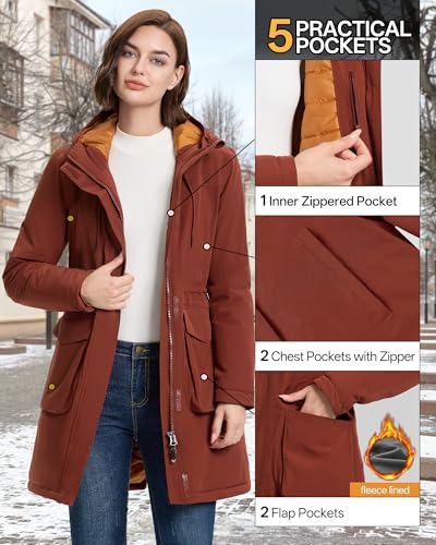 33,000ft Damen Wintermantel Lange Warme Winterjacke Wasserdichte Winddichte Parka Regenjacke Verdickene Funktionsjacke Mit Kapuze Übergangsjacke Outdoorjacke, Kirschrot L