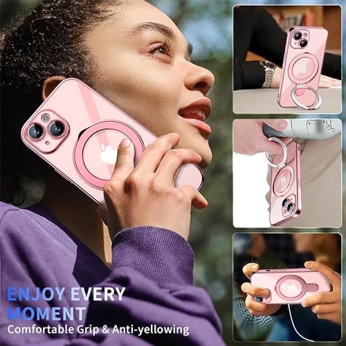 Image of Magnetic for iPhone 15 Case with Invisible Stand[Compatible with MagSafe][Full Camera Lens Protector][Military Drop Protection] Shockproof Not Yellowing Clear Slim Soft for Women Men, Pink