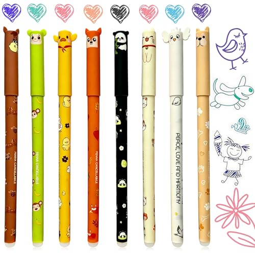 Sunshine smile Radierbare Stifte,8er Set Gelstifte Radierbar mit Tiermotiven Designs,0,5 mm Spitze Radierbaren Gelstiften 8 Mehrere Farben,Radierbarer Kugelschreiber für Schule & Bürobedarf