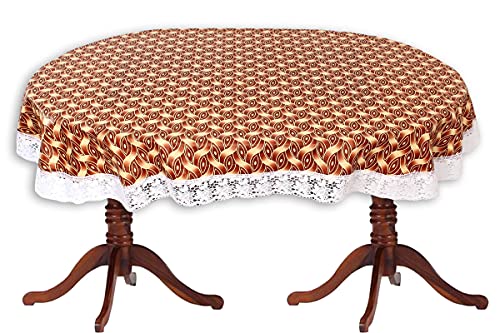 Image of The Furnishing Tree Waterproof PVC Oval Shaped 10 Seater Table Cover WxL 60x120 inches Interlocked Ropes Pattern Brown with White Border lace