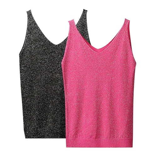 Lot 2 Haut à Paillettes pour Femme - Col en V - Bleu à Paillettes - Débardeur à Paillette - Crop Tops sans Manches - Débardeur Sexy - Tenue Festive -...