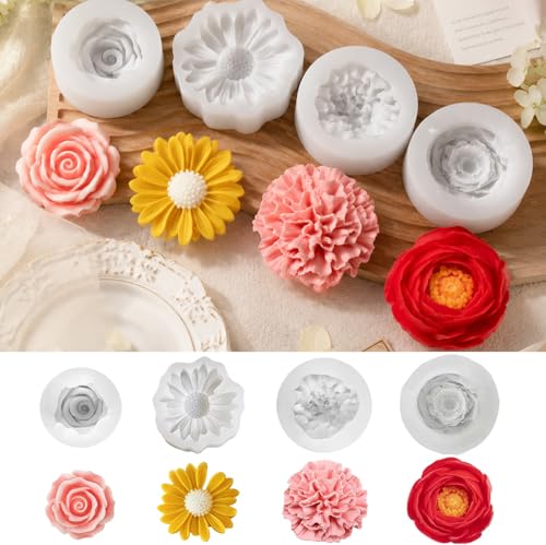 4 Stück Pfingstrose Blume Kerzenform Silikon Silikonform Blumen Blumen Kerzenform Silikon 3D Pfingstrose Silikonform Rosen Nelke Chrysantheme Pfingstrose 3D Silikonformen für DIY Herstellung Gebäck