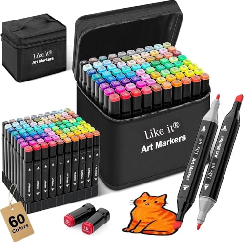 Image of like it 60 Colour Art Markers Set, Dual Tip, Brush & Fine, Sketch Marker, based Brush Markers for Sketching, Adult Coloring, and Illustration (60)