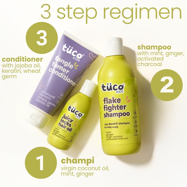 Image of Tuco Kids Haircare Kit for Kids | 3 in 1 Combo | Anti-Dandruff Shampoo 200ml | Conditioner 100ml | Hair Oil 100ml | SLS & Paraben Free