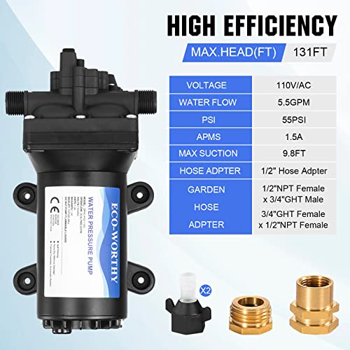 Image of ECO-WORTHY Industrial Water Pressure Diaphragm Pump 110V 5.5GPM 55PSI On Demand RV Fresh Water Pump 110Volt include Garden Hose Adapters for Transfer Booster Heater Barrel Sprinkle Irrigation