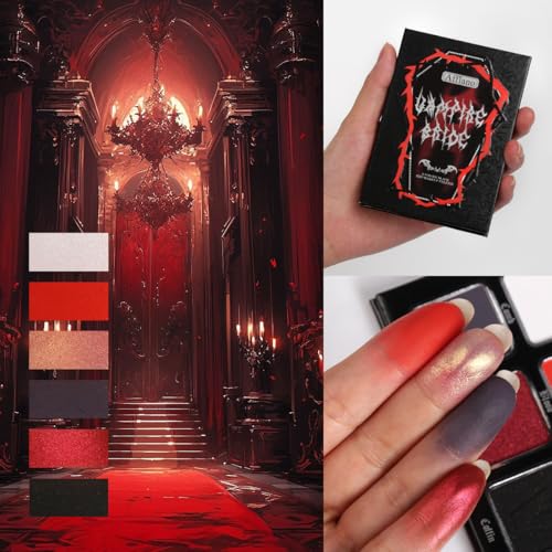 DE’LANCI Schwarzer Roter Lidschatten Palette,Rot White Dark Grey Goth Smoky Eyeshadow Palette,6 Farben Matte Shimmer Burgundy Metallic Halloween Makeup Palette für Zombie Vampir Clown