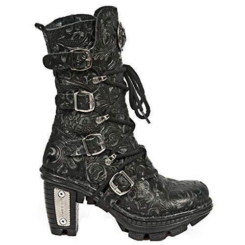 New Rock NEOTR005-S25 Vintage Floral Black Gothic Rock Punk Ladies Leather Fashion Calf Boots