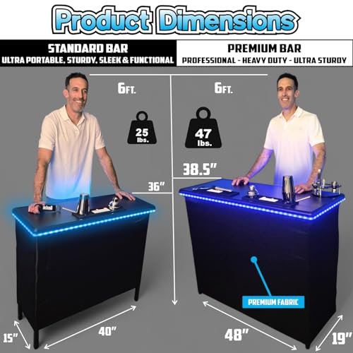Image of PartyLife 48 inch Premium Portable Bar Table w /LED Lights, Folding Legs, Black Fabric Bar Skirt, 2 Storage Shelves & 2 Carrying Bags | Commercial Grade | Strong & Sturdy - Black
