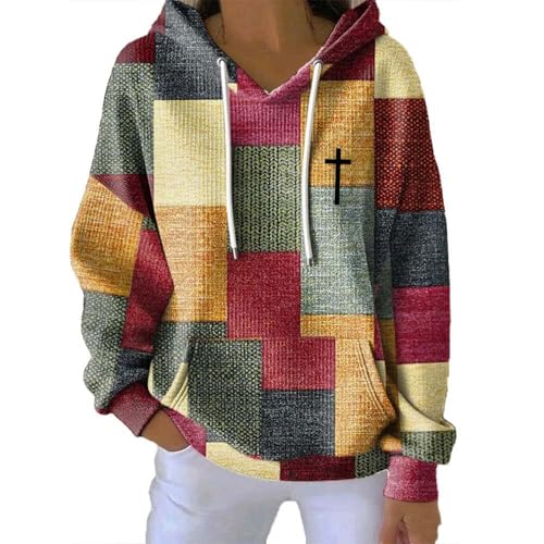 JOASDAO Sudaderas con capucha cristianas para mujer, talla grande, para otoño e invierno, manga larga, cálida, acogedora, con forro de sherpa, con forro polar, novedosa, bloque de color, retazos