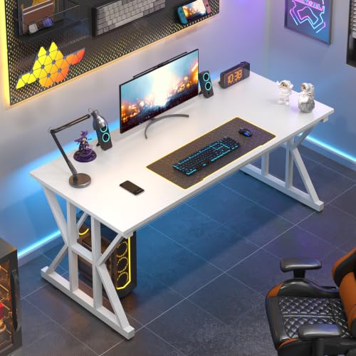 Image of 55 inch Large Computer Desk with Thickened Frame for Home Office, Living Room | Modern Simple Executive Desk, Larger Gaming Desk with X-Shaped ReInchforcement, White