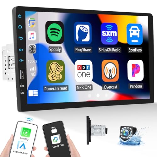Single Din Car Stereo with Wireless Carplay Android Auto, 9 Inch Touch Screen Single Car Radio with Mirror Link Universal Car Multimedia Player with Bluetooth FM Radio EQ Setting SWC+ Backup Camera