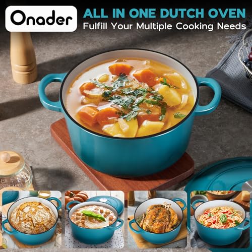 Onader Small Dutch Oven Pot with Lid, 3 Quart Round Enameled Dutch Oven for Bread Baking, Heavy Duty Cast Iron Cookware - Dark Cyan