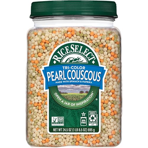 Image of RiceSelect Tri-Color Pearl Couscous, Spinach and Paprika Flavored Premium Toasted Israeli-Style Wheat Couscous, Non-GMO, Certified Kosher, 24.5oz Jar (Pack of 1)