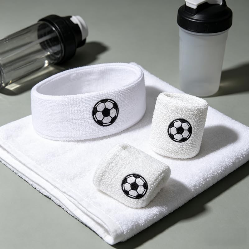 Sports Headband with Wristbands, White Soccer Pattern, High Elastic Sweatband for Basketball, Running & Fitness