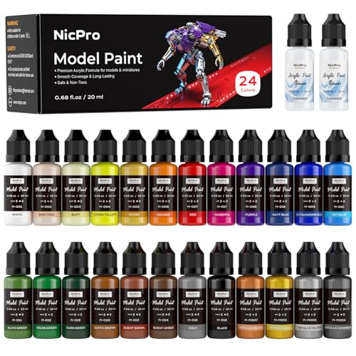 Nicpro 24 Colors Model Paint Set 20ml Ready to Use Modeling Acrylic Paints Brush & Airbrush Compatible Miniature Paint Set for Beginner & Professional on Model Scale Figure Crafts with 2 Thinner