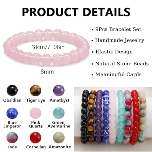 COLOYAN 9PCS Stone Beads Bracelet for Women Men Semi-Precious Gemstones Bracelets Healing Crystal Bracelet 8mm Beads Stretch Elastic Bracelets2