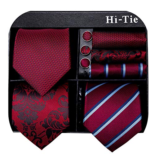 Image of Hi-Tie 3 Pcs Gift Box Mens Tie Set Necktie with Pocket Square Cufflinks Lapel Pin Silk Neck Tie Collection