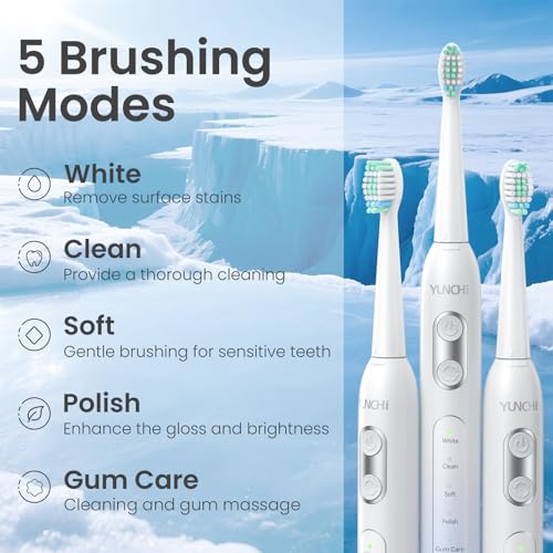 YUNCHI C2 Elektrische Zahnbürste mit 40000 VPM, Schallzahnbürste für Erwachsene, USB-C Ladung, 55 Tage Akkulaufzeit, 5 Putzmodi, 2-Min-Timer, 8 Bürstenköpfen, Reiseetui, Hellblau - Weiß Verlauf – Bild 4