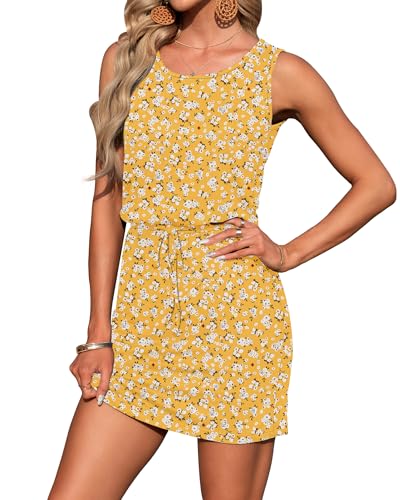 Image of AUSELILY Womens Summer Dress Casual Sleeveless Drawstring Short Dresses | Adjustable drawstring waist for a custom fit, plus 2 side pockets-perfect beach-to-street sundress