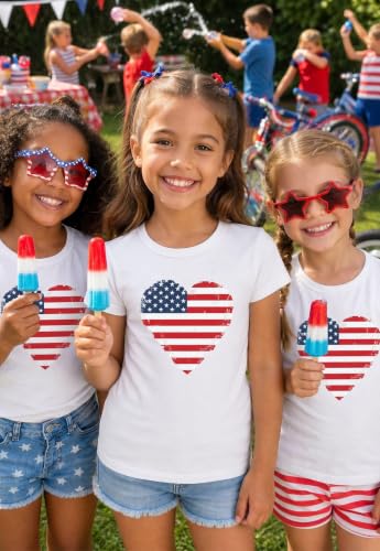 Image of Tstars Fitted Tee for Girls 4th of July Shirt | Patriotic American Cute Kids Heart Graphic Horse T-Shirt