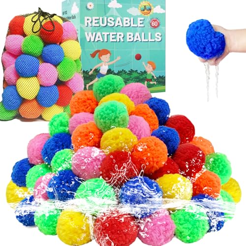 BEFANS 60 Pcs Reusable Water Balls Reusable Water Balloons for Outdoor Toys and Games Water Toys for Kids and Adults Boys and Girls - Summer Balls for Pool and Backyard Fun