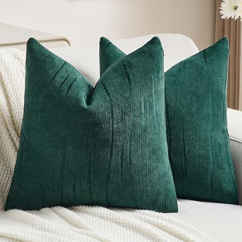 FUTEI Dark Green Chenille Decorative Throw Pillow Covers 26x26 Inch Set of 2,Soft Embossed Striped Textured Euro Pillow Shams,Modern Home Decor for Couch Bed Living Room