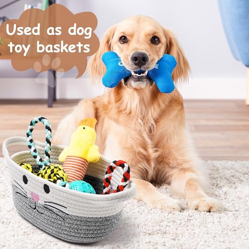 Kleiner Aufbewahrungskorb geflochten aus Baumwollseil mit Henkel – Spielzeugkorb für Kinderzimmer & Haustier – Niedlicher Baumwollkorb, Mehrzweck-Aufbewahrungskorb, zur Spielzeugorganisation,Grau