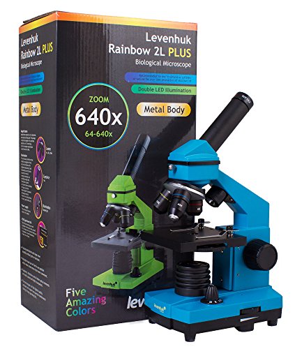 Levenhuk Rainbow 2L Plus Azure Metal Student Microscope (64-640x) with Experiment Kit for Indoor and Outdoor Use