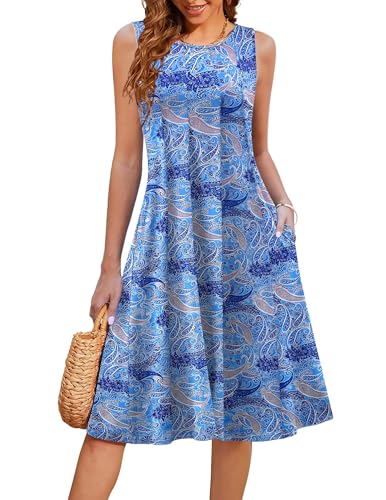 Image of HOTOUCH Summer Casual Dresses for Women Sleeveless Midi Dress Swing Tank Sundress Pleated Tshirt Dress with Pockets