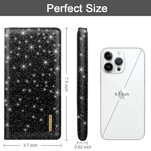 Ultra Slim Womens Wallet Minimalist Thin Long Leather Bifold Wallet RFID Blocking Card Holder Organizer with Zipper Coin Pocket Ladies Girls Gift Purse, Glitter Black3