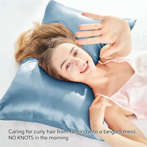 BEDELITE Satin Pillowcase with Zipper 2 Pack, Airy Blue Pillow Cases Standard Size, Super Soft and Cooling Similar to Silk Pillow Cases, Gift for Women Men(20x26 Inches)