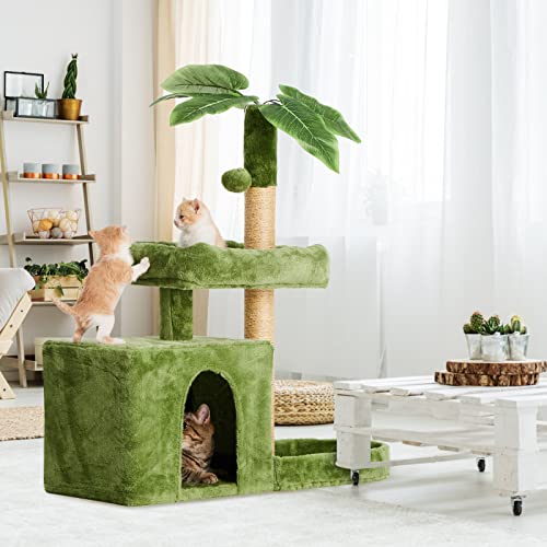 Image of 31.5inch Small Cat Tree Tower Condo for Indoor Cats, Soft Plush Multi-Level Climbing Tree Cat House with Cat Cave, Scratching Post, Sisal Rope, Green