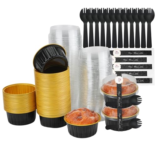 100 mini moldes de papel de aluminio, 150 ml, con 100 tapas, 100 cucharas y 100 pegatinas, reutilizables y redondos, moldes para tartas de pan, pasteles, fiestas, cumpleaños y bodas (5 oz)