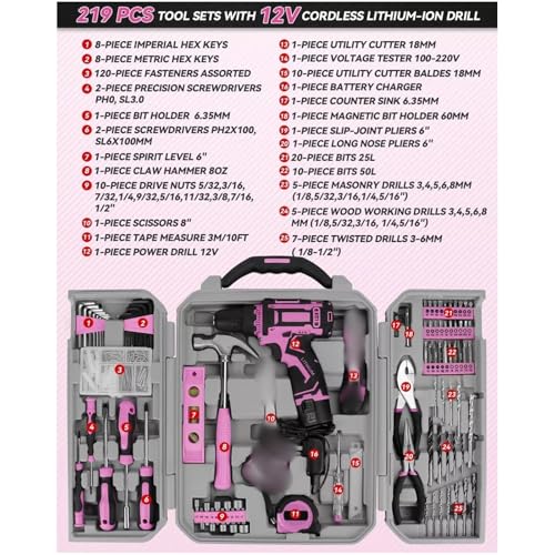 219-Piece Pink Home Tool Kit with 12V Cordless Drill – Complete DIY Repair Set with Durable Toolbox & UK Plug for Home, Office & Craft Projects 2 219-Piece Pink Home Tool Kit with 12V Cordless Drill – Complete DIY Repair Set with Durable Toolbox & UK Plug for Home, Office & Craft Projects - Image 2