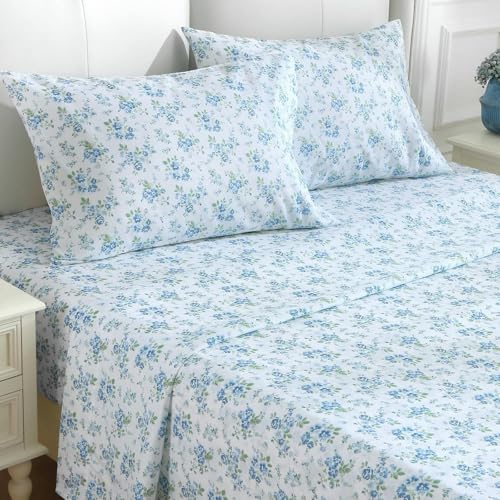 Image of MUXHOMO King Size 4 Piece Sheet Set, Soft Breathable Bed Sheet Set for Bedroom with Deep Pocket Up to 16 inch, Wrinkle-Free & Cooling Bedding for Oeko-TEX Certified - Blossoms Light Blue