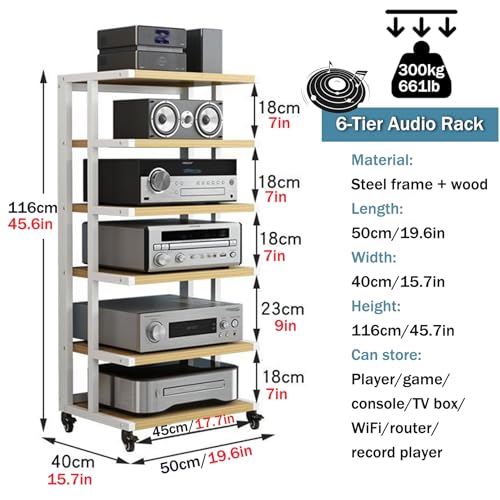6-poziomowy mini stojak HiFi z kółkami, kompaktowy stojak na komponenty audio, drewniana i stalowa półka gramofonowa, do winylowych odtwarzaczy DVD i przechowywania multimediów, idealny sprzęt do gier