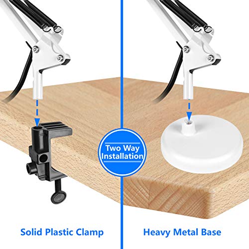 Ameritop Metal Desk Lamp, Adjustable Goose Neck Swing Arm Table Lamp With Interchangeable Base Or Clamp; Eye-Caring Study Desk Lamps For Bedroom, Study, Office, Table (White) #TOP3