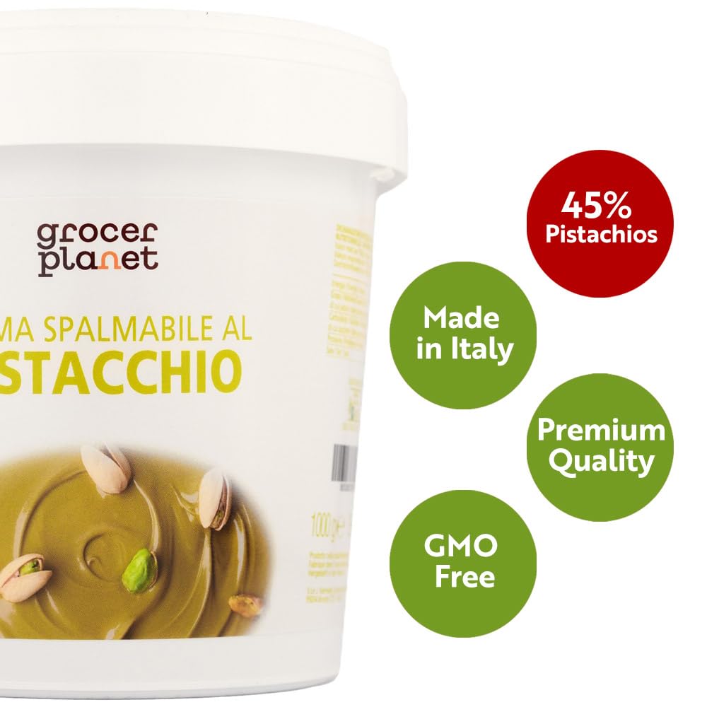 Grocer Planet - Crema de Pistacho (1Kg) | Con 45% Pistachos Mediterráneos | Sabor Dulce | Comida Italiana Gourmet | Ideal para Desayunos y Postres