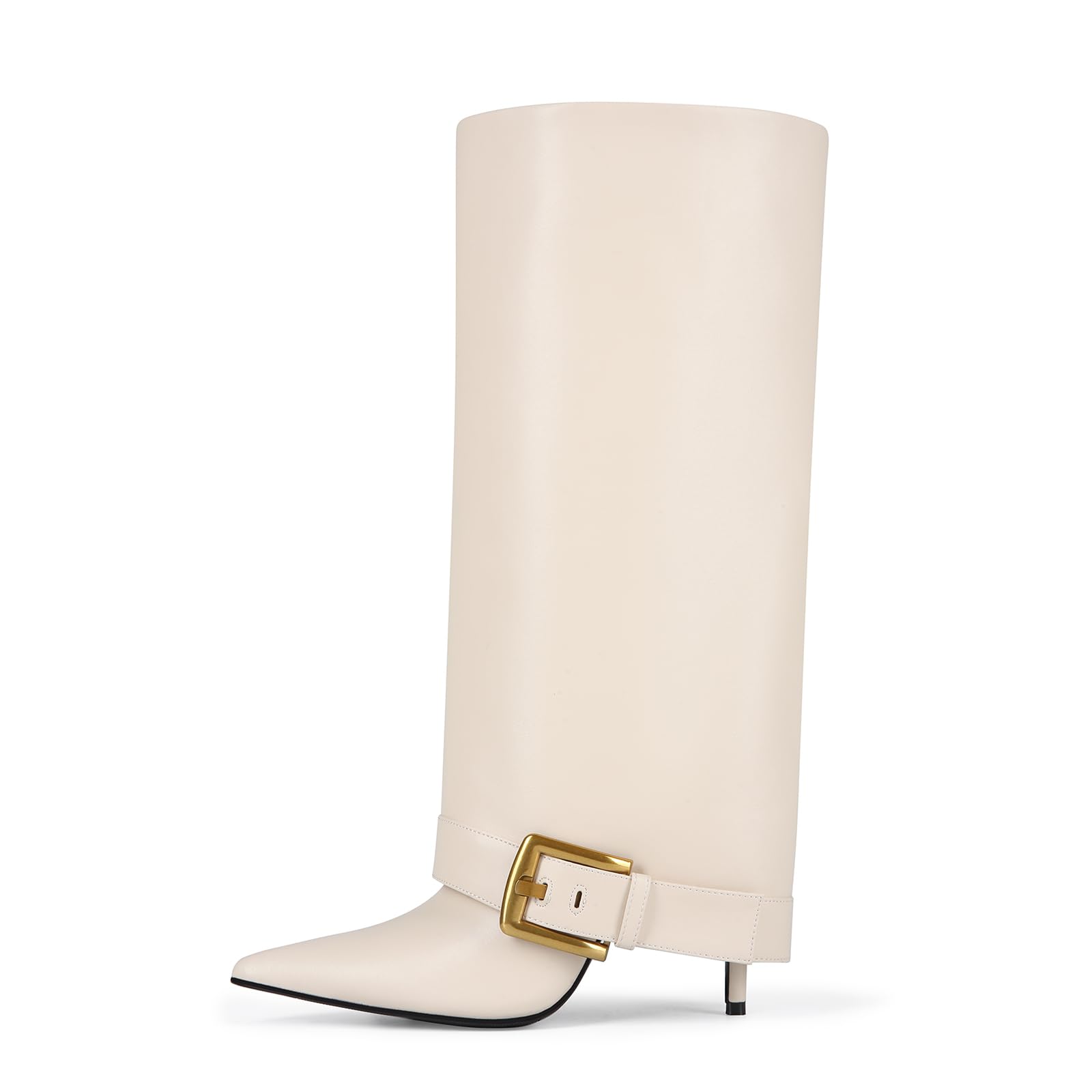 Fold Over Boots for Women Heeled Knee High Leather Boots with 4-Inch Stiletto Heel Wide Calf Shark Boots