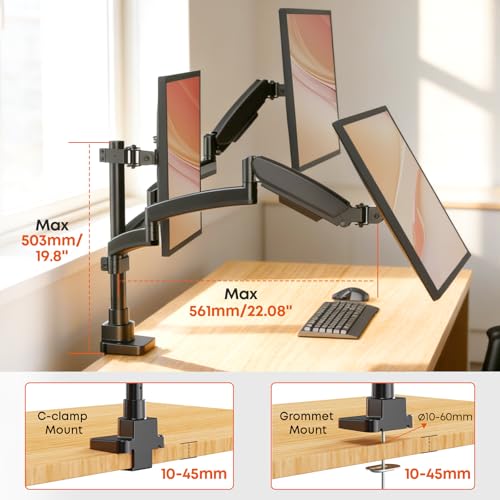 Image of PUTORSEN Triple Monitor Mount for 17 to 32 inch Screens, Fully Adjustable 3 Monitor Stand for Desk Mount, with Heavy Duty Clamp and Grommet Mounting, 22 lbs per Arm, 75 /100mm