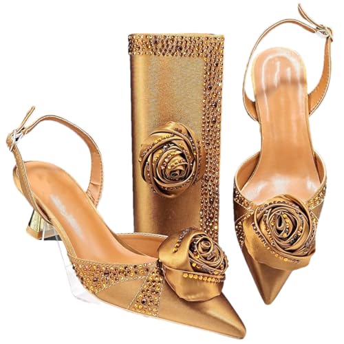 Women’S Handmade Flower Design Pumps and Bag Set for Wedding Party Satin Slingbacks with Bordered Pattern