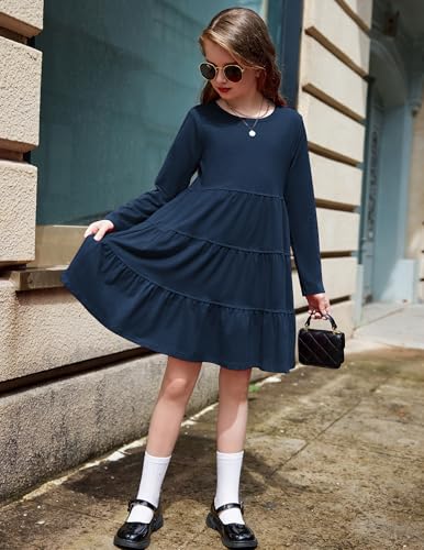 Arshiner Girl Long Sleeve Dress Tiered Ruffle Swing Tunic Shirt Dress3