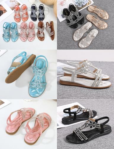 Women's Open Toe Rhinestones Flat Sandals,Sexy Summer Boho Elastic Slingback Ankle Strap Casual Dressy Beach Shoes3