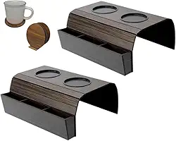 Kit 2 esteiras para braço de sofá com porta copos e porta controle remoto MDF ajustável cor tabaco (2 esteiras com porta controle + 4 porta copos)