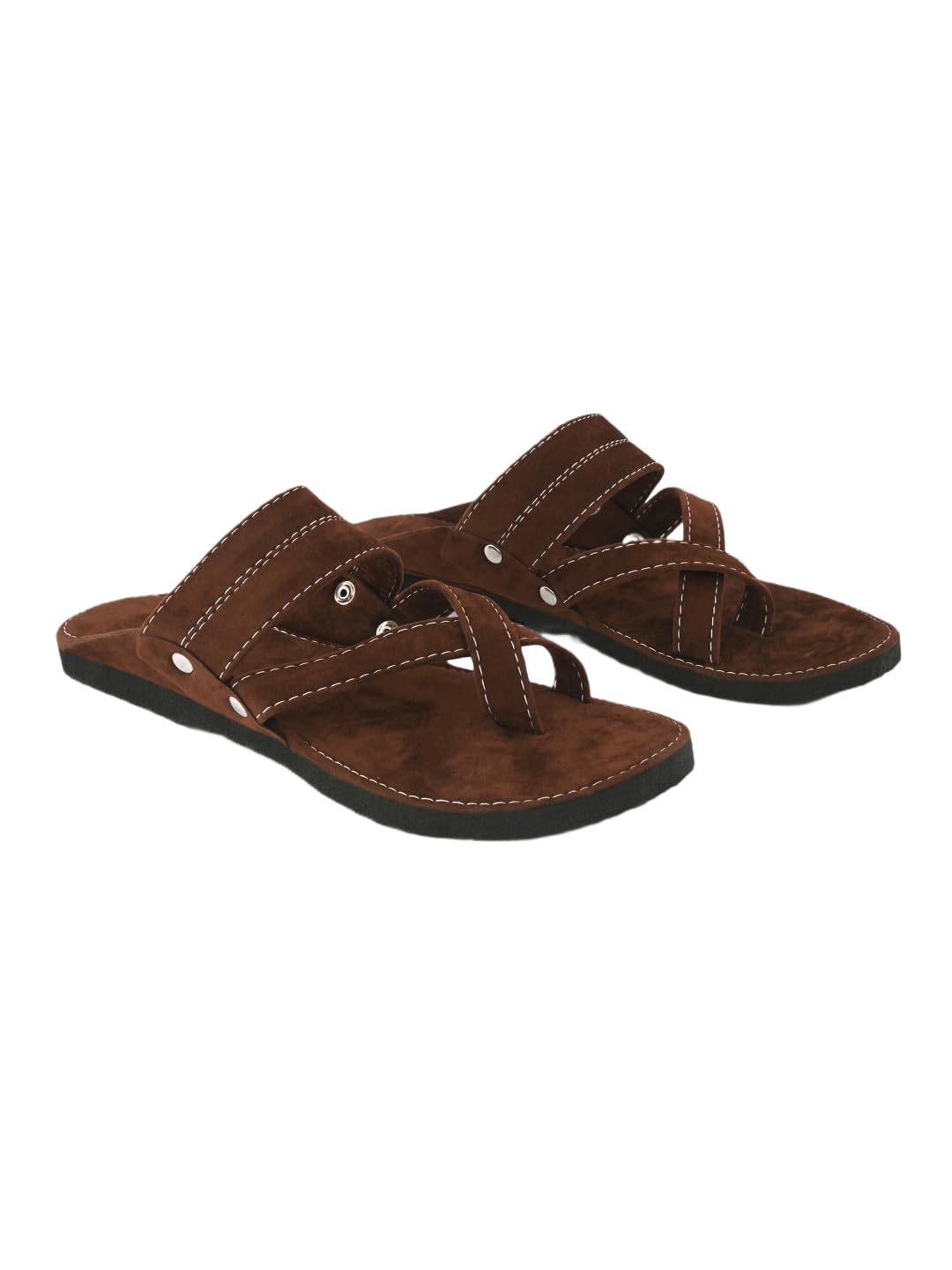 Anjaneya Creations Men's Brown Suede Sandals Criss-Cross Straps Toe Loop, Contrast Stitching Flat Sole-image-10