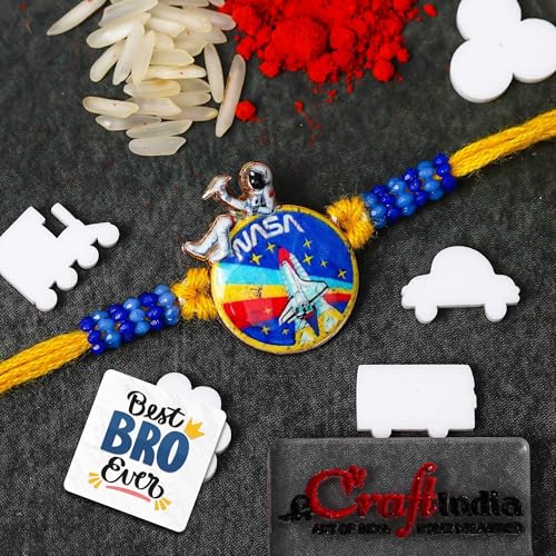 Image of eCraftIndia NASA Space Theme Rakhi for Kids Brother Boys Girls Sister | Raksha Bandhan Rakhi for Bhai Bhaiya | Best Bro Ever Fridge Magnet | Roli Chawal Pack