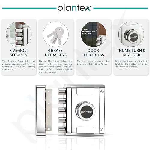 Image of Plantex Main Door Deadbolt Lock Five Bullets /Stainless Steel Penta Bolt /Door Lock Set with 4 Pin Cylindrical Keys with 5 Years of Warranty (Matt)