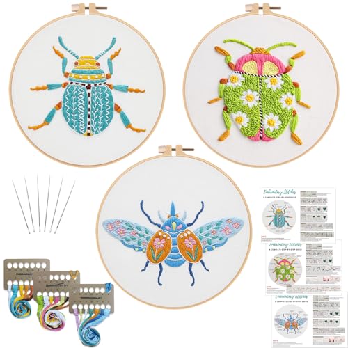 Image of Louise Maelys 3 Sets Beetle Embroidery Kits for Beginners,Cross Stitch Kit for Adults,DIY Needlepoint for Starters Including Flowers Pattern, Hoop,Instruction and Threads
